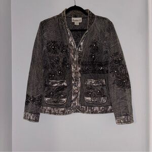 Vintage Flashback Womens Embroidered Denim Jean Jacket Shacket Coat Gray Black